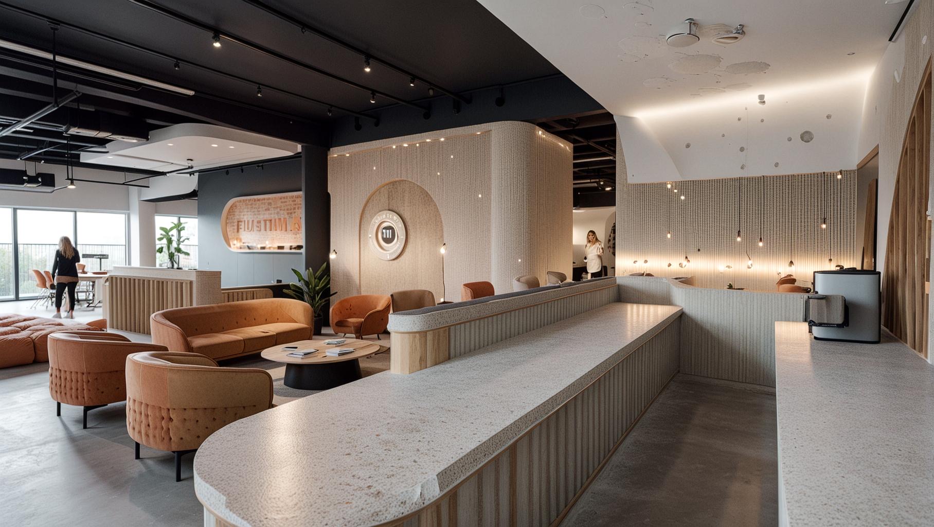 The Kollective Nashville members lounge rendering with warm seating and reception bar